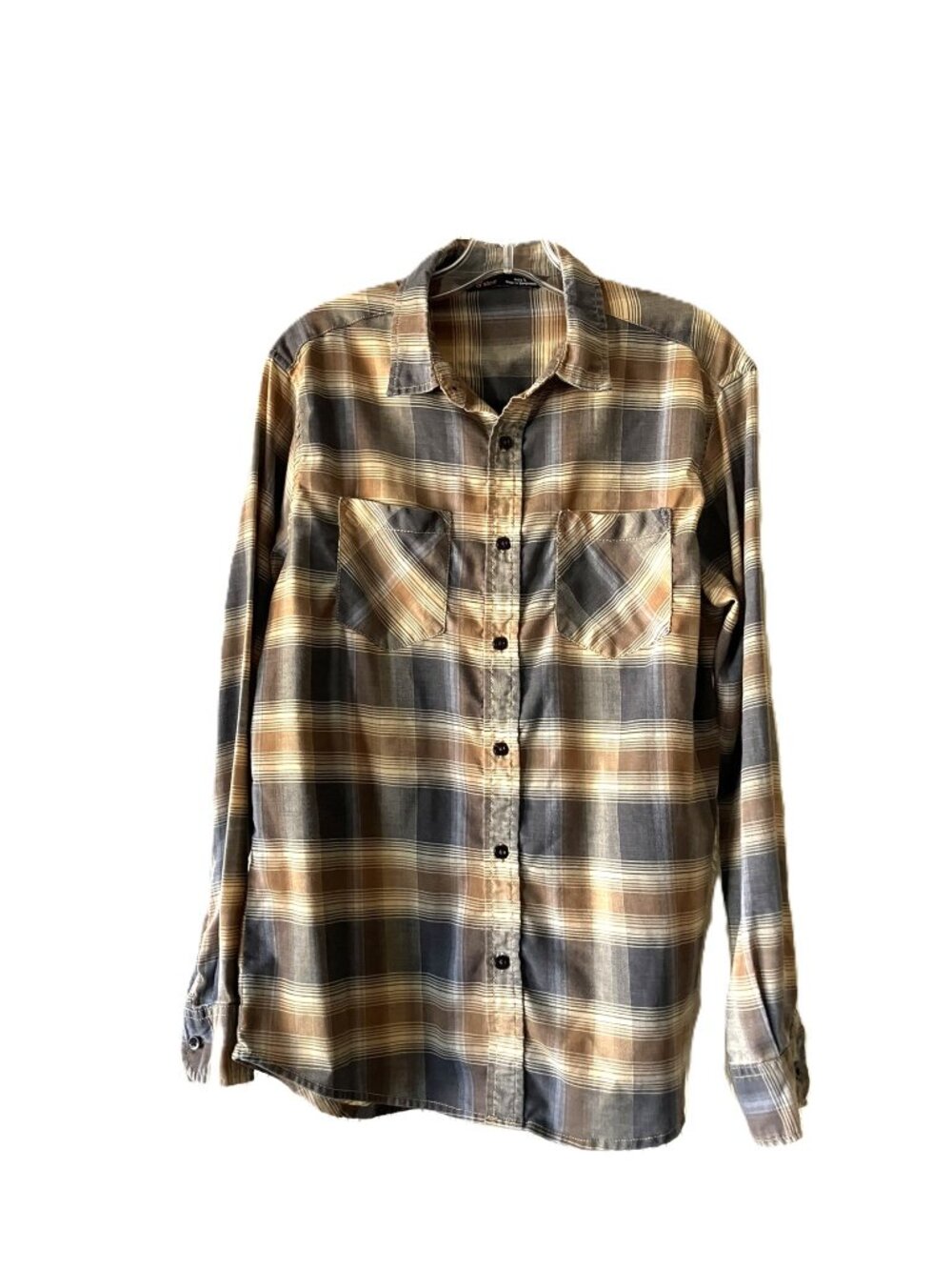 Stoic Men’s Plaid Flannel Button Up Shirt Size Large Grey Brown Tan